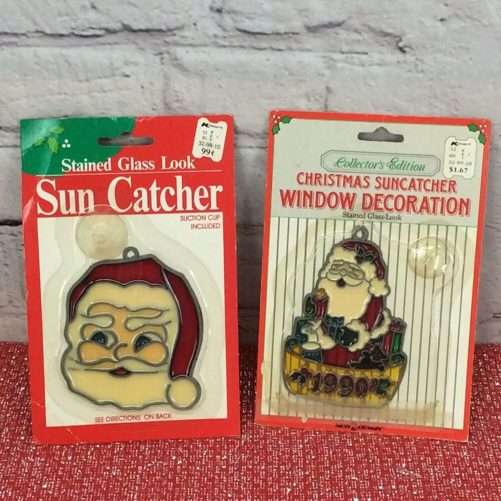 Vintage Christmas Santa Stained Glass Look Sun Catchers 1990's Collectible Decor